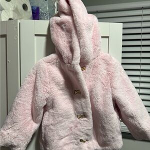 Old Navy Plush Hooded Puffer Jacket in Light Pink with Gold Bow Buttons